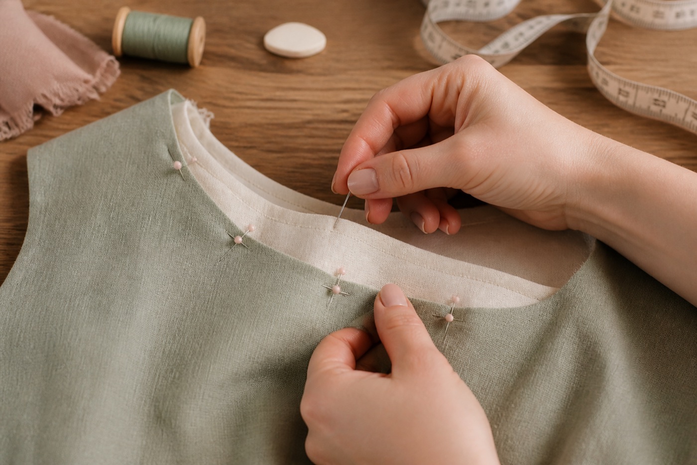 Hands pinning the neckline of a sage garment